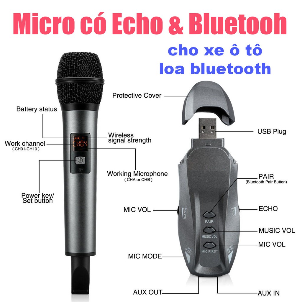 Micro không dây có echo và bluetooth k18v bx7, dùng cho ô tô, loa bluetooth