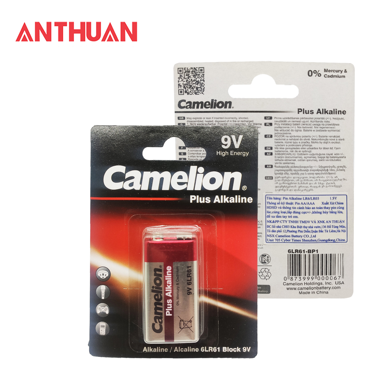 Pin 9v /6lr61 camelion alkaline plus - vỉ 1 viên