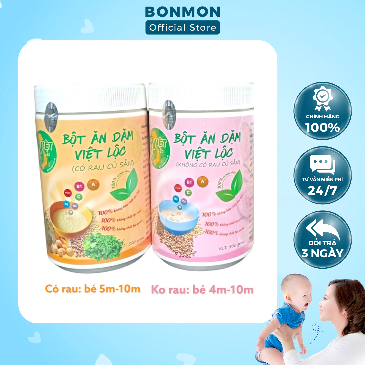 Bột ăn dặm việt lộc 2 loại cho bé từ 4-10 tháng - hàng chính hãng dinh dưỡng cho bé - bonmon store