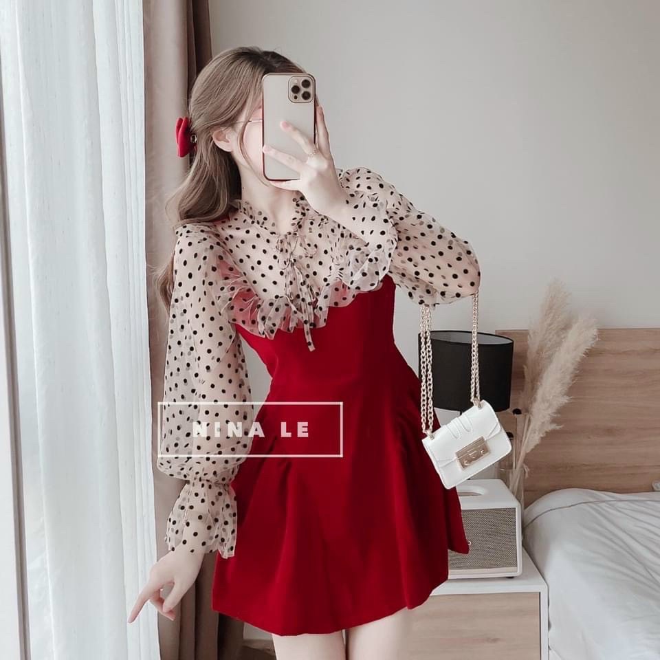Đầm suôn tay phối lưới họa tiết chấm bi chất liệu umi siêu dễ thương kwstdx103