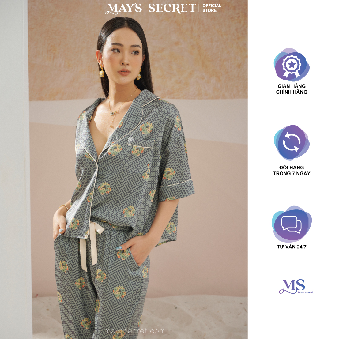 Bộ pyjamas lụa cao cấp Twill Silk 200s cộc tay quần dài Hoa chùm xanh - May's Secret