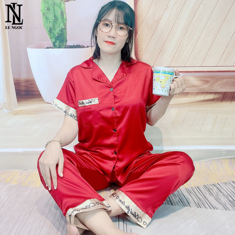 Bộ đồ ngủ pyjama cộc tay quần dài viền chữ, bộ pijama chất liệu phi lụa thấm hút mồ hôi NL142