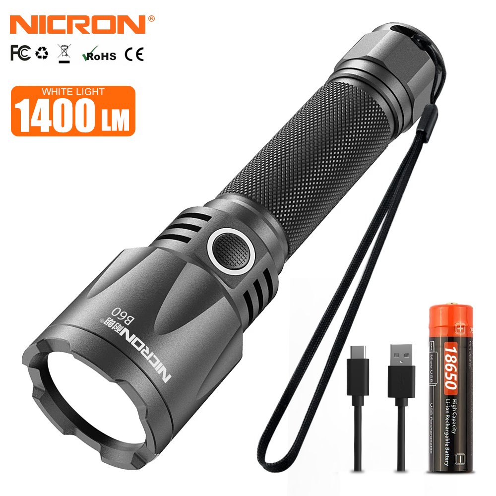 Đèn Pin NICRON B60 9W Đèn Pin LED Siêu Sáng Độ Sáng Cao Đèn Pin USB Di Động Chống Nước IPX8 1400LM B60
