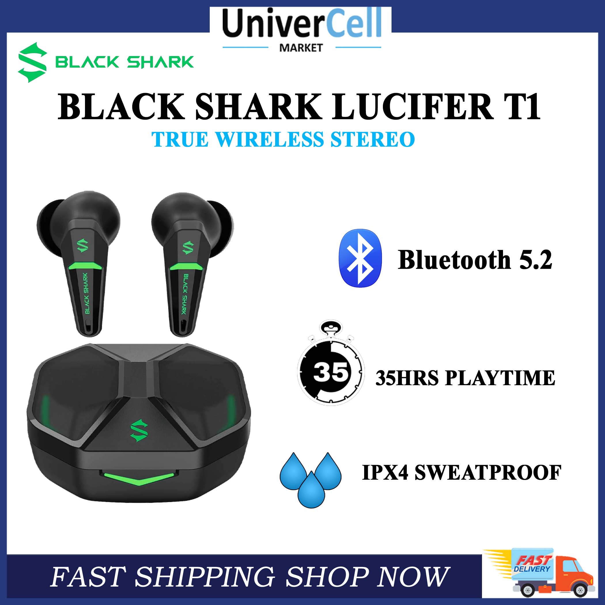  Black Shark Bluetooth Earbuds Wireless with 45ms Ultra-Low  Latency, Gaming 5.2, Dual Modes, 10mm Driver, 35H Play Time, IPX4  Waterproof, Built-in Mic - Lucifer T1 : Electronics