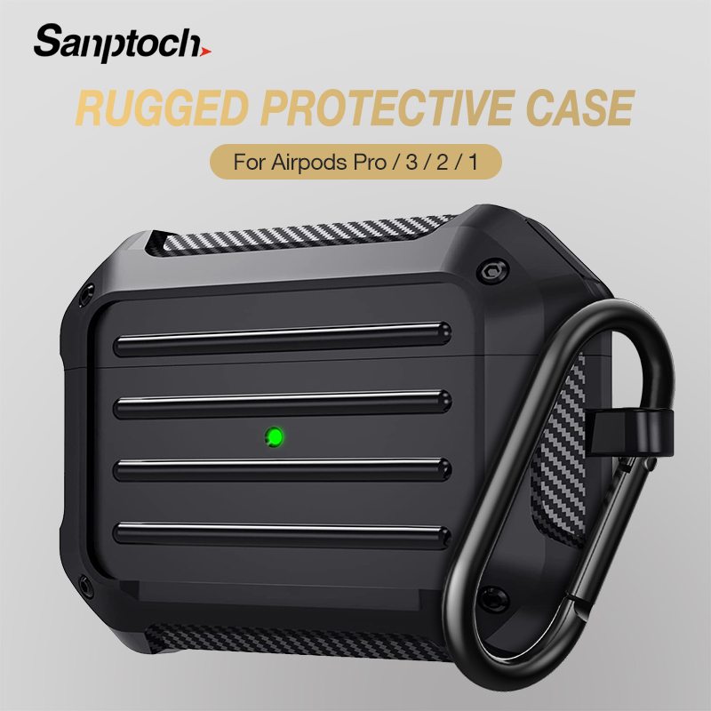 Sanptoch Rugged Case For Apple Airpods 3rd 2021 / Pro / 2 / 1 Full-Body Protective Casing With Keychain Shockproof Skin Cover - Black ราคา 108 บาท*ส่งฟรี