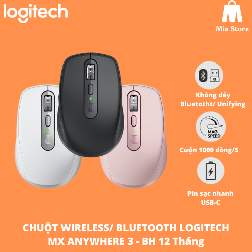Chuột không dây Bluetooth Logitech MX Anywhere 3 - nhỏ gọn, kết nối 3 thiết bị, cuộn siêu nhanh, sạc nhanh USB-C, có bản cho Mac