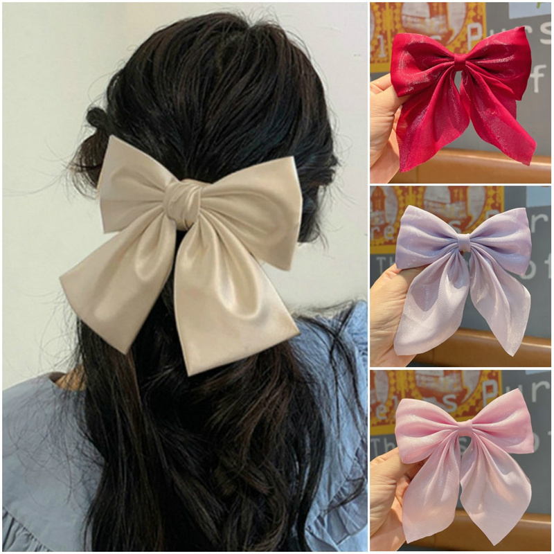 Kẹp tóc nơ ngoại cỡ kẹp tóc ruy băng nơ lụa satin kẹp tóc đuôi ngựa màu trơn cho nữ phụ kiện tóc