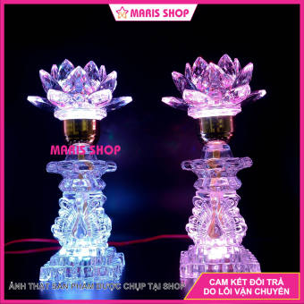 Bộ 2 Đèn Hoa Sen Pha Lê Nguyên Khối Để bàn Thờ Phật, Đèn Hoa Sen Đèn Thờ Cúng Cao 26cm [MRHT32-VUONG]