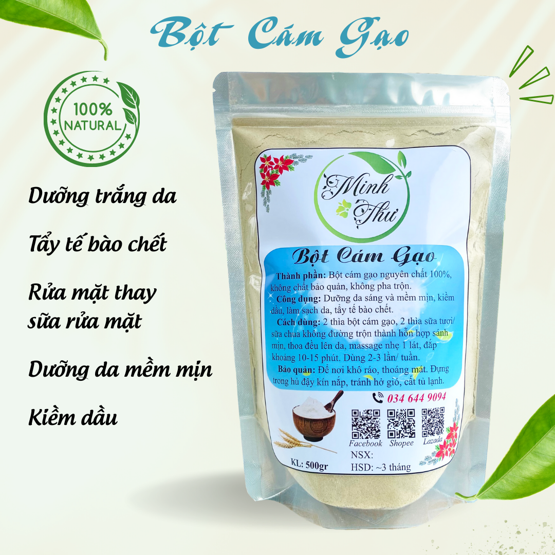 Bột cám gạo nguyên chất Minh Thư, bột cám gạo tắm trắng, bột thiên nhiên đắp mặt nạ sạch, sáng, mịn da, túi 500gr - Minh Thư Natural