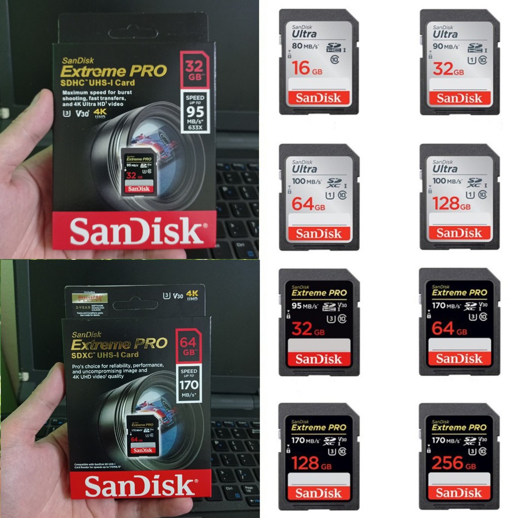 Thẻ nhớ sd sandisk 32g 64g ultra class 10 và extreme pro tốc độ cao cho máy ảnh