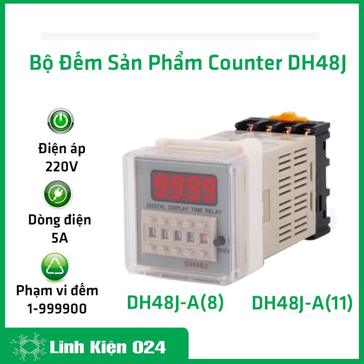Bộ đếm sản phẩm 4 số dh48j-8, dh48j-11 digital counter từ 1 đến 999900 tự động chân tròn 220vac kèm chân đế