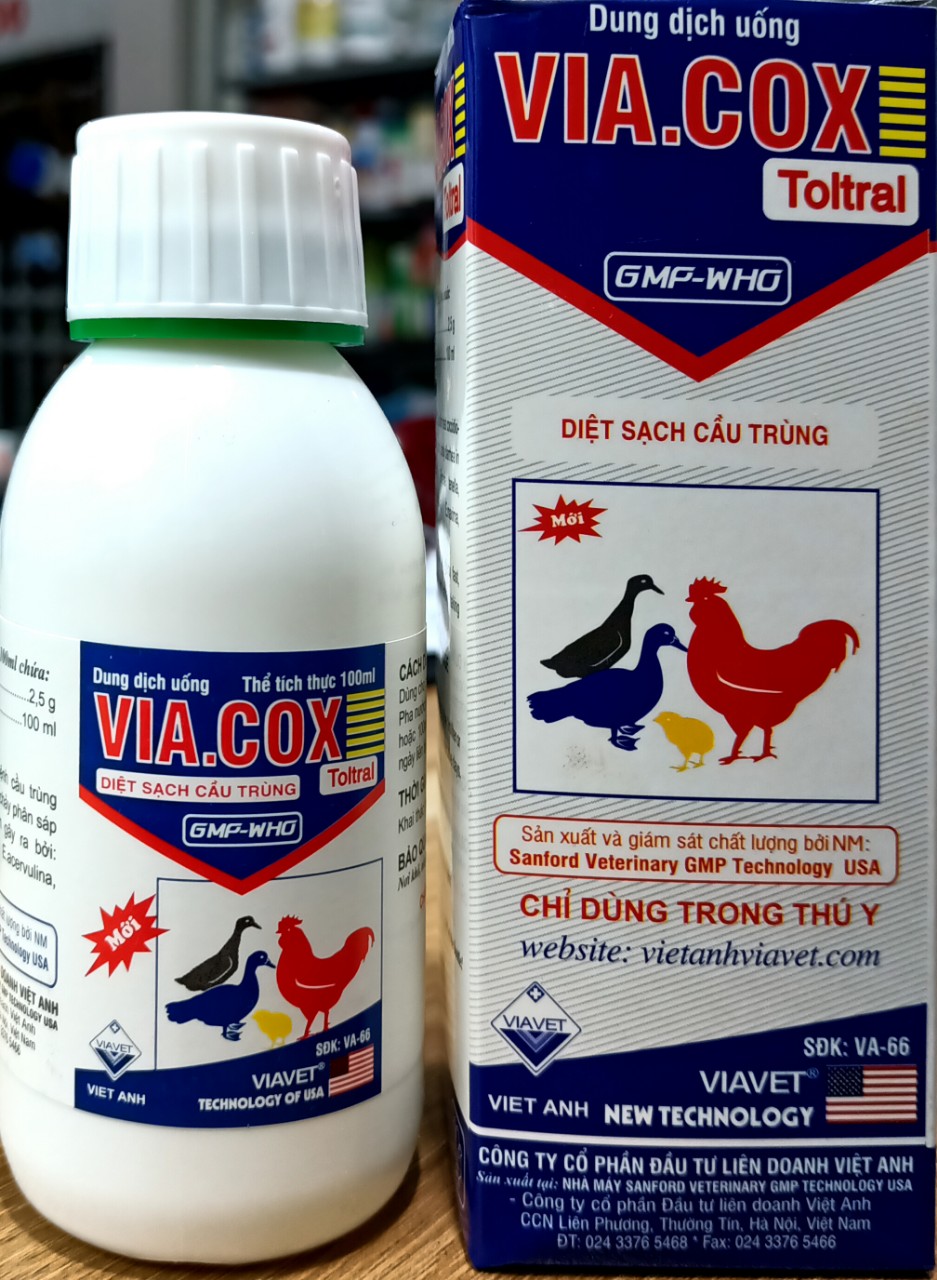 VIA COX TOLTRAl 100ml Cầu trùng trên gia cầm, cầu trùng thỏ. Via Cox Diệt Sạch Cầu Trùng ruột non, manh tràng, phân sáp lẫn máu tươi