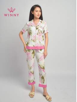 WINNY - Bộ đồ lanh cộc tay quần dài mặc nhà họa tiết lá 1MNLA22205D