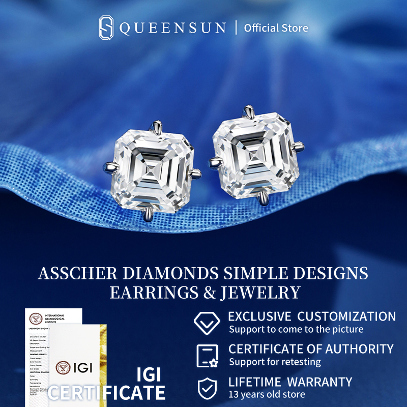 QUEENSUN18K gold Lab cultivated diamond Asche four claw one carat earrings with high-end feel, real diamond earrings for men and women阿斯切四爪一克拉耳钉