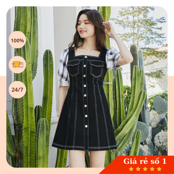 Đầm denim chữ A tay kẻ - Đầm Vero moda sale