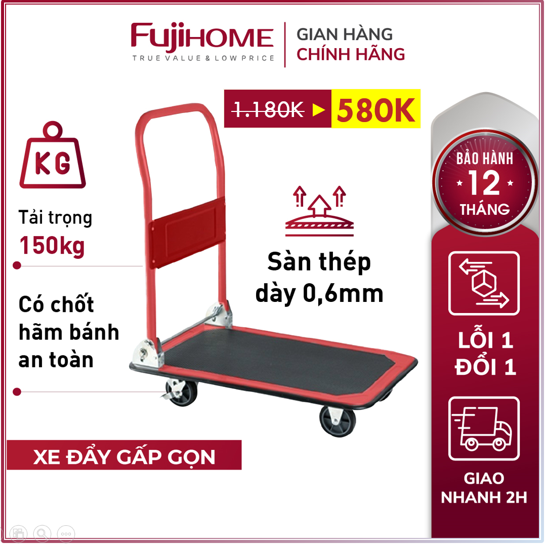 Xe đẩy hàng 4 bánh gấp gọn 100kg - 150kg Nhập Khẩu Fujihome bánh cao su không ồn xe kéo hàng gấp gọn đa năng giá rẻ