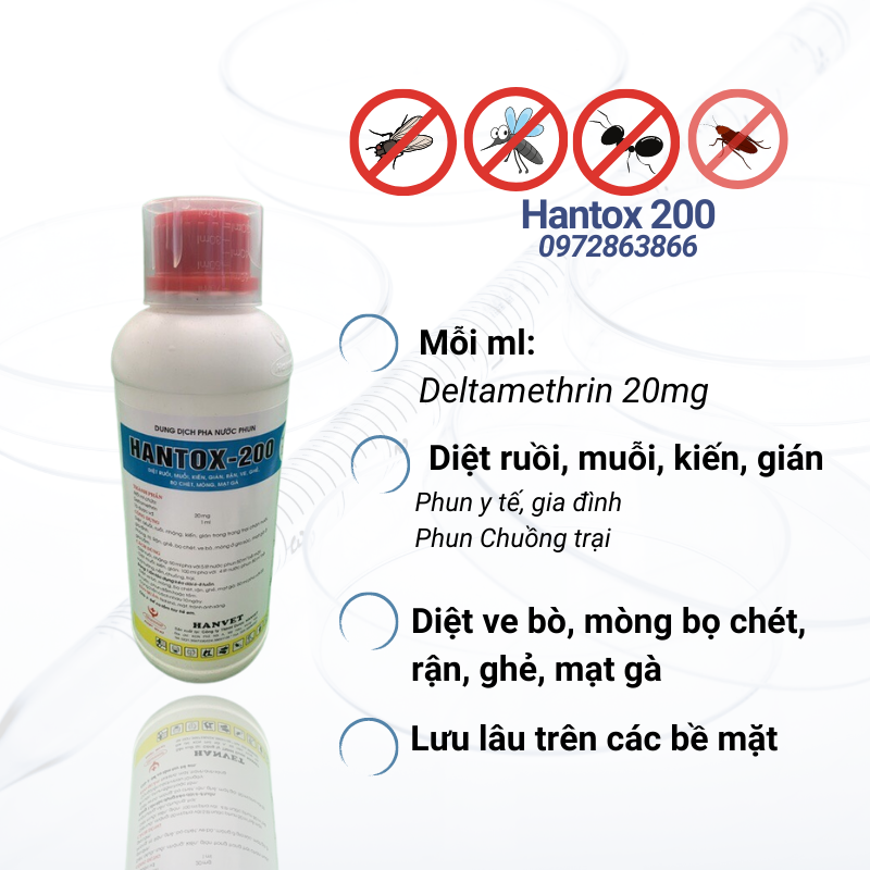 Hantox 200 diệt ruồi, muỗi, kiến, gián, rận, ve, ghẻ, bọ chét, mòng, mạt gà