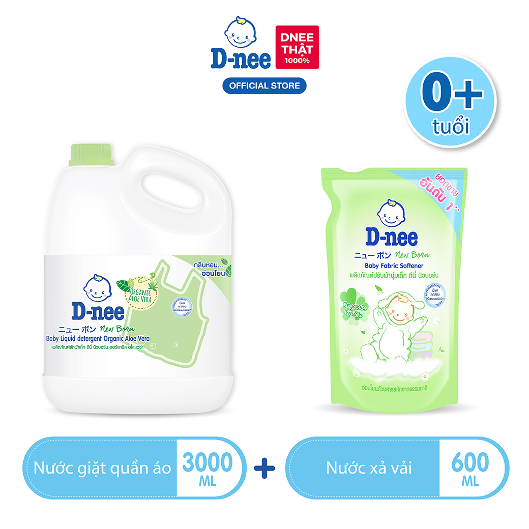 Nước giặt quần áo d-nee 3000 ml - organic aloe vera + nước xả vải d-nee 600 ml. - organic touch