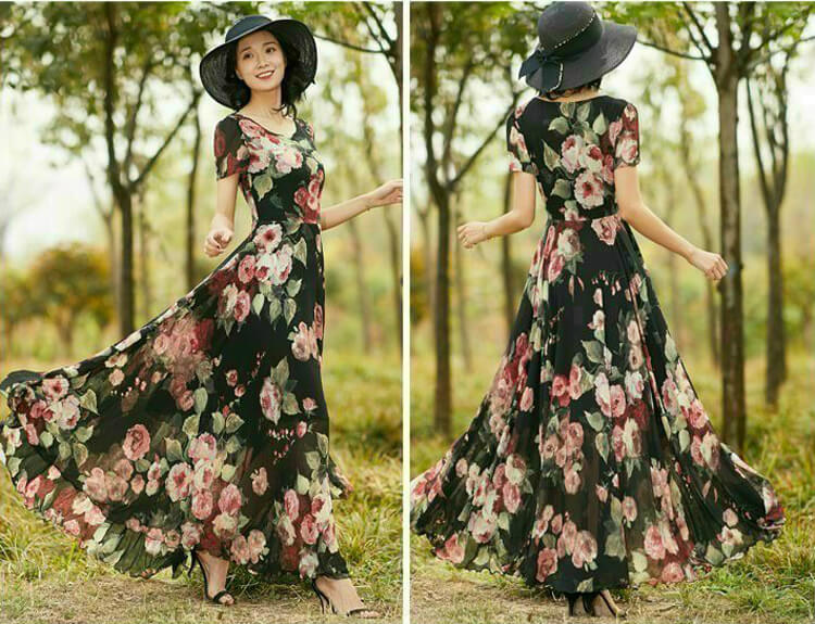 Đầm maxi hoa dáng dài kiểu tay ngắn xinh xắn - glady g07 - đầm xòe dạo phố , đi chơi, du lịch, đi làm, dự tiệc sang trọng
