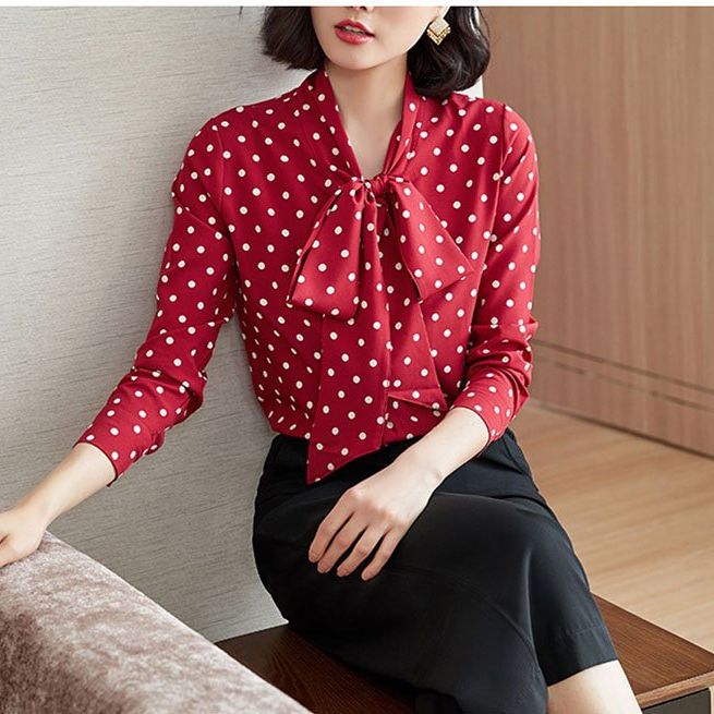 Áo sơ mi công sở chấm bi tyfashion đỏ đen phối nơ cổ tay dài s m l xl tfa03