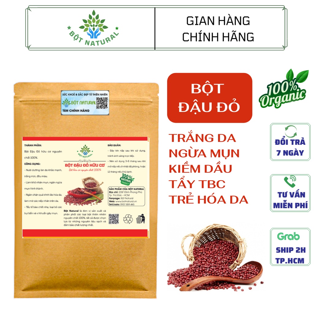 Bột đậu đỏ nguyên chất 100% Organic 500gr - trắng da, dưỡng ẩm, mờ thâm, ngừa mụn, tẩy tế bào chết nhẹ | Bột Natural