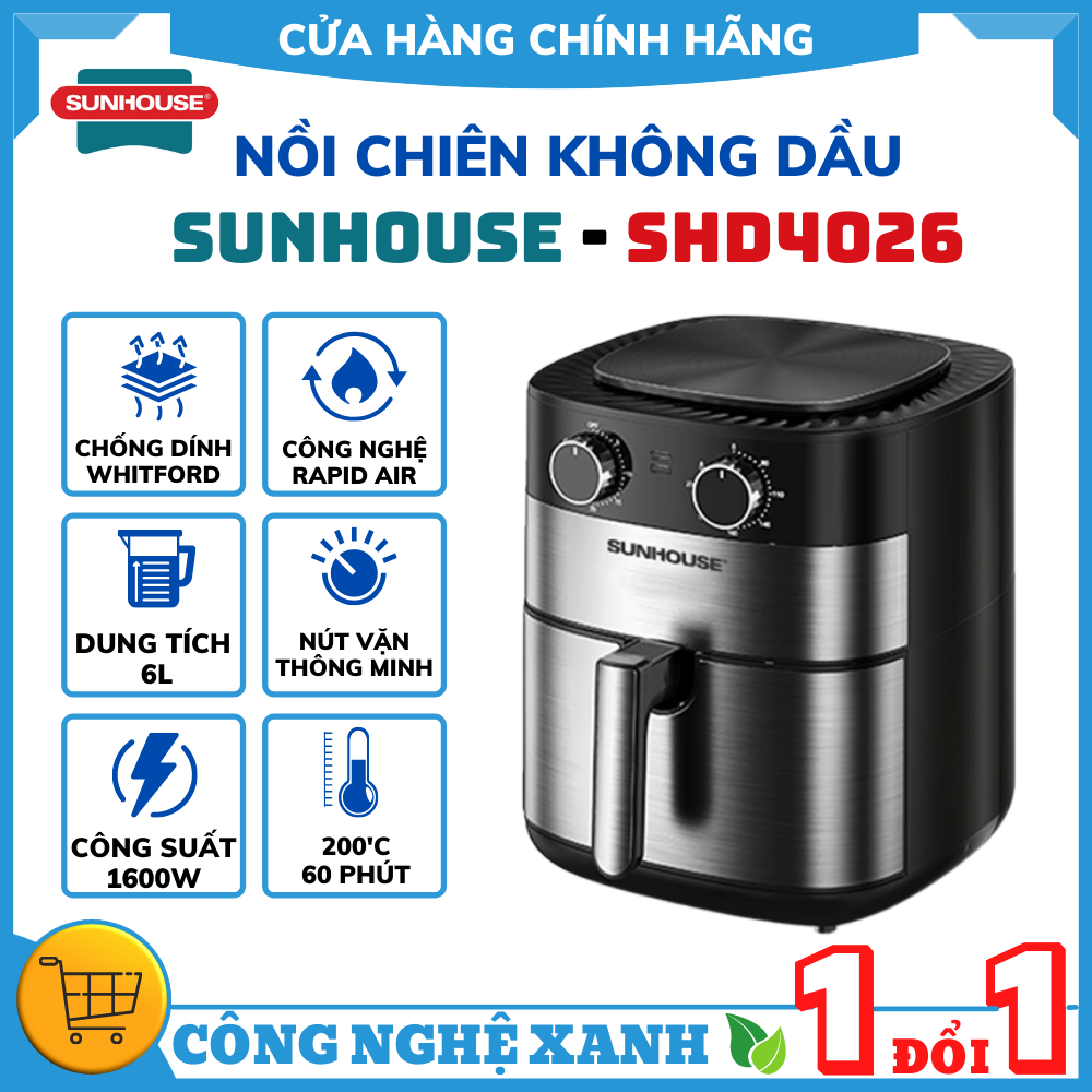 Nồi chiên không dầu Sunhouse SHD4026 6L công suất 1600W - Bảo Hành Toàn Quốc 12 Tháng , nồi chiên khong dầu ,nồi chiên không dầu sunhouse 6 lit,nồi chiên không dầu giá rẻ , nồi chiên không dầu chính hãng