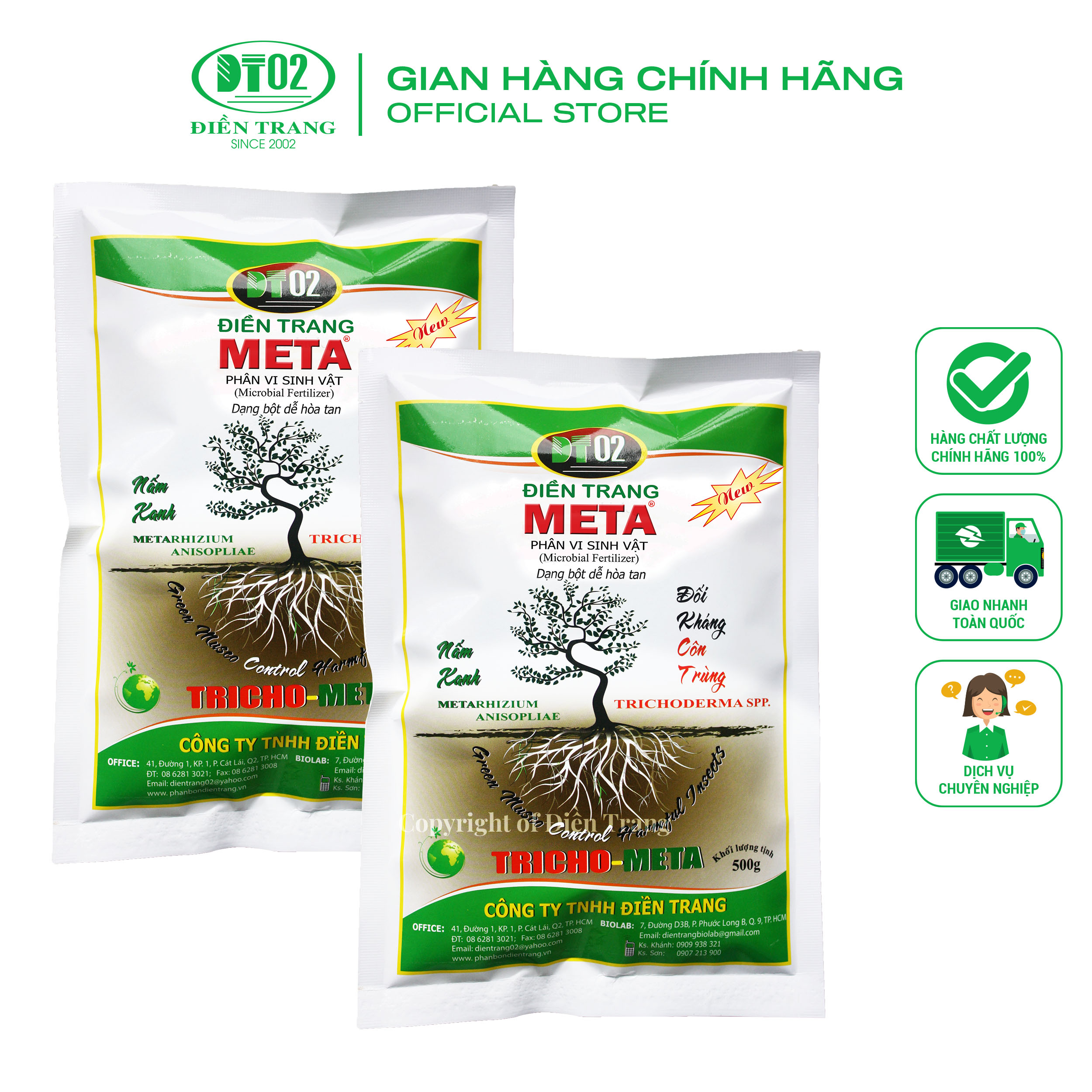 Compo 02 gói Phân vi sinh vật Điền Trang Tricho META 500g, Nấm đối kháng côn trùng và bảo vệ bộ rễ