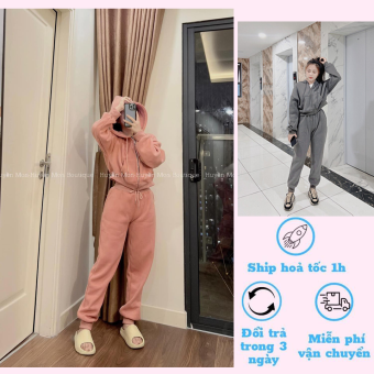 Set đồ nữ thu đông quần áo dài tay có mũ trẻ trung phong cách Hàn Quốc, Bộ nỉ nữ thu đông