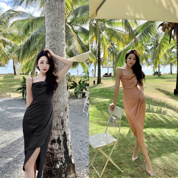 Đầm ôm 2 dây xếp li cổ đổ cách điệu, đầm body sang trọng dự tiệc, đầm ôm đi biển
