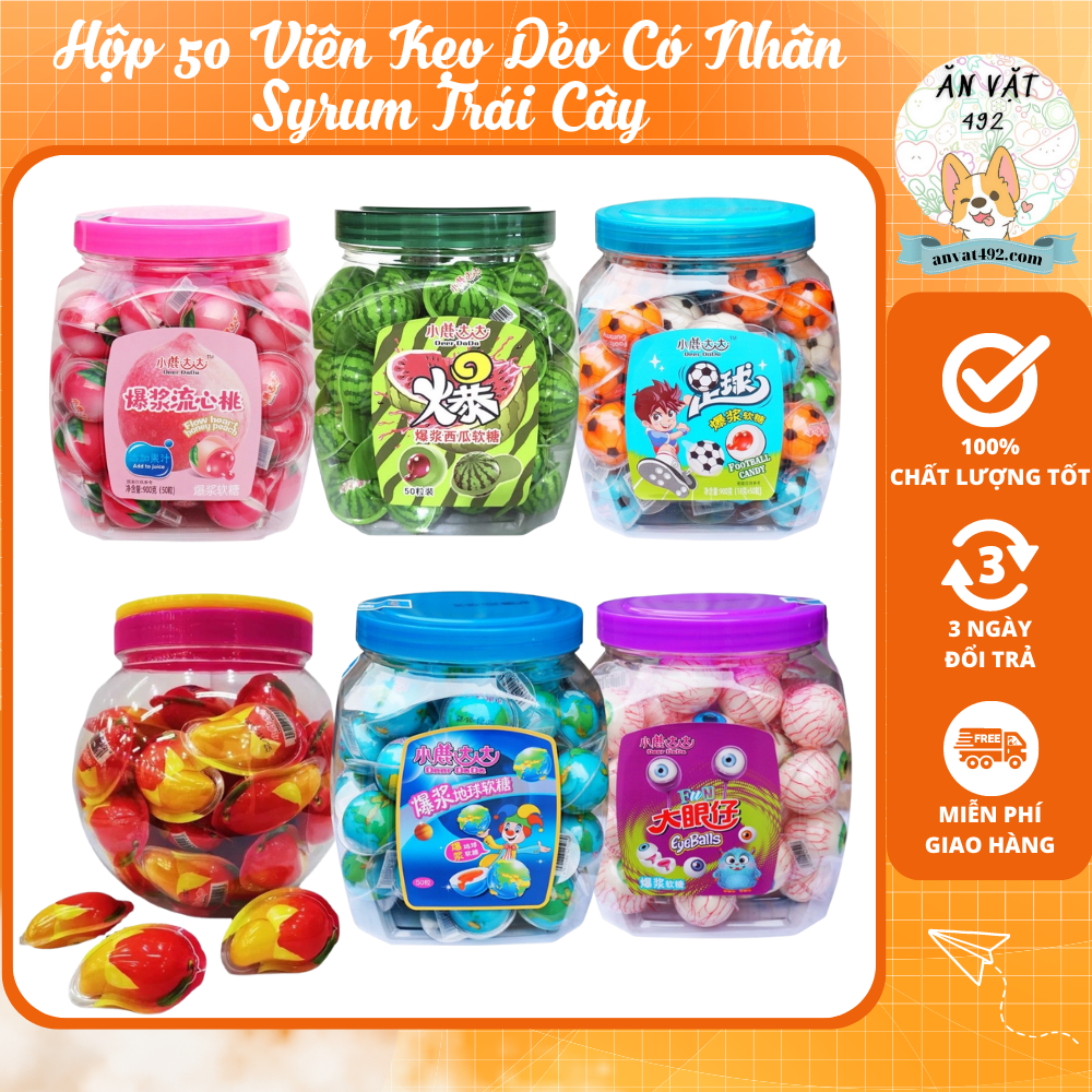 Hộp 50 viên kẹo dẻo có nhân syrum trái cây - ăn vặt 492