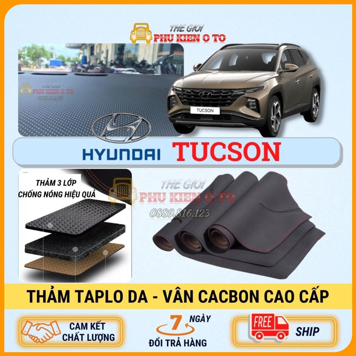 Thảm taplo Hyundai Tucson 2019 - 2021 da Cacbon 3 lớp cao cấp, chống nóng cho xe ô tô hiệu quả