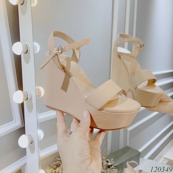 Giày sandal đế xuồng nữ 10cm,giày xăng-đan da quai ngang cao 10 phân 2 màu nâu đen siêu nhẹ