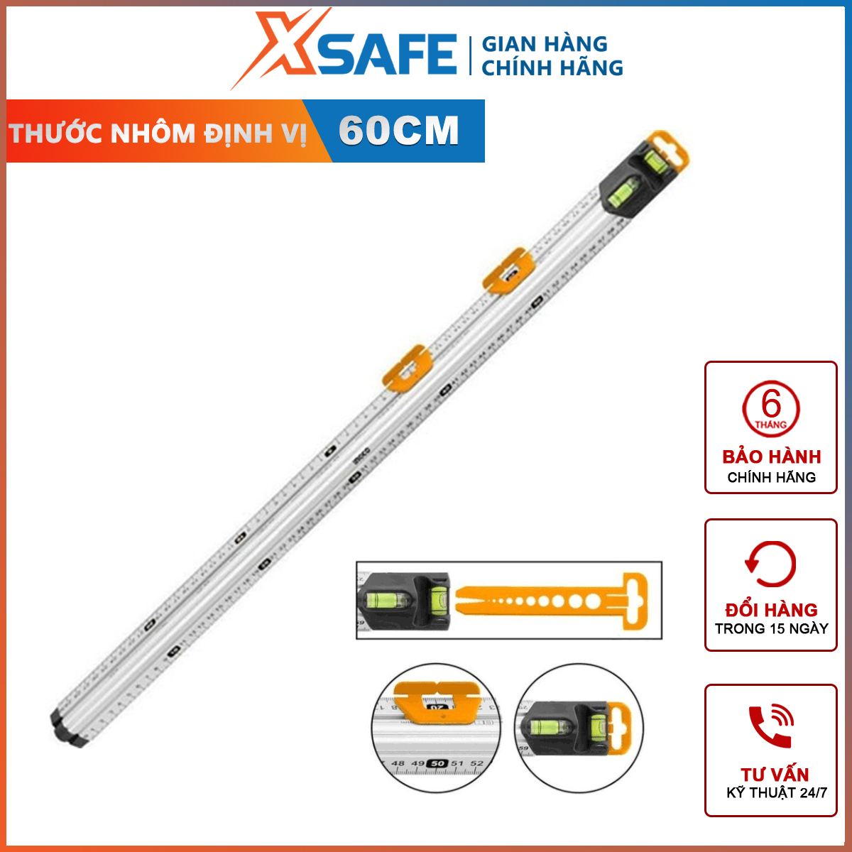 Thước nhôm định vị đa năng INGCO HSR36003 60cm thước thủy cân bằng xây dựng tích hợp đa chức năng, thang đo ổ cắm điện và ống nước, 1 kẹp đinh và đo đường kính mũi khoan, thanh trượt theo rãnh