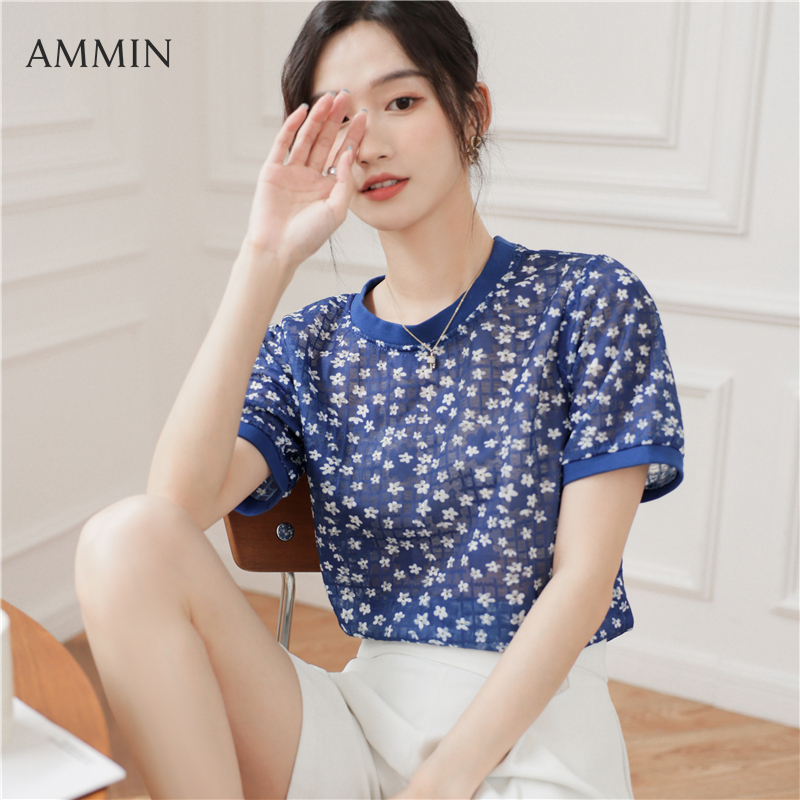 Ammin áo voan tay ngắn in hoa thời trang cổ tròn đơn giản mới mùa hè 2022 áo cánh thanh lịch và ngọt ngào tay phồng phong cách hàn quốc cho nữ áo phong cách instagram cho nữ