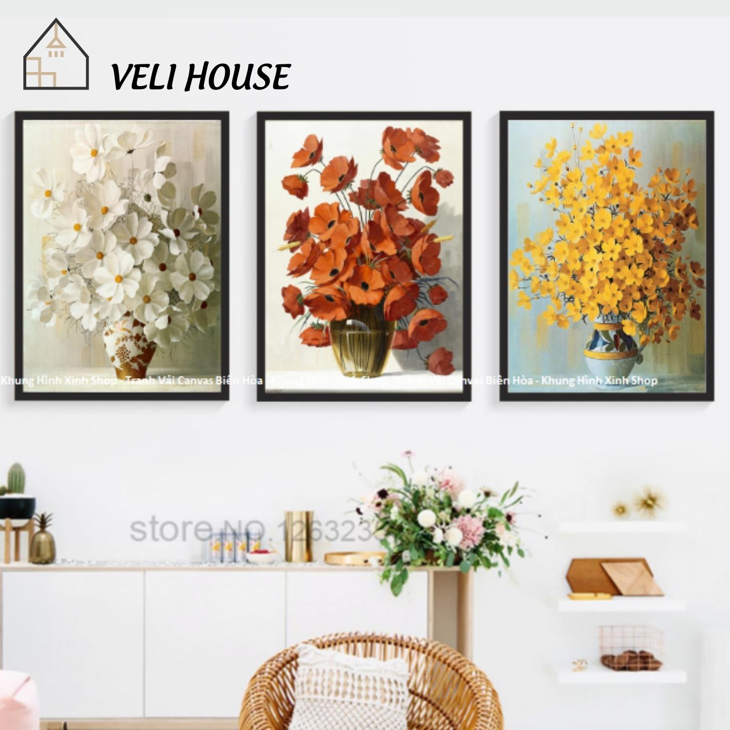 Bộ 3 tranh vải canvas trang trí tường kcv29 - Hoa Sung túc - Kèm khung - 3 bức 30x42 cm - Veli house