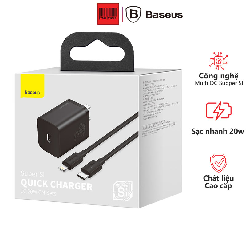 Bộ sạc nhanh, nhỏ gọn Baseus Super Si Quick Charger 20W -bộ củ cáp sạc nhanh 20w dành cho iphone, ipad