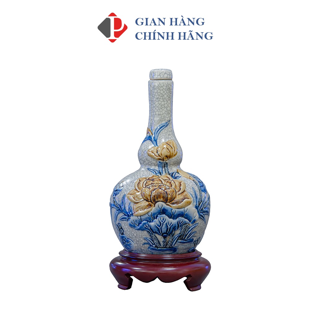 Nậm rượu men rạn đắp nổi họa tiết sen, đồ thờ cúng phùng gia - gốm sứ bát tràng cao cấp