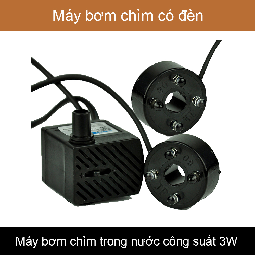 Máy bơm mini có đèn máy bơm chìm dùng cho thác nước phong thủy, bể cá An Nam Decor