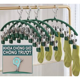 Móc treo phơi quần áo đồ lót, tất vớ, khăn mặt, có khóa chống gió, chống trượt với 10 móc khóa INOX cao cấp