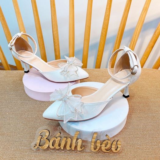 ❁ Giày Cao Gót Sandal Nữ Quai hậu nơ đính đá xinh Xuất sắc - cao 5p - Giày Bánh Bèo mã BuomV2