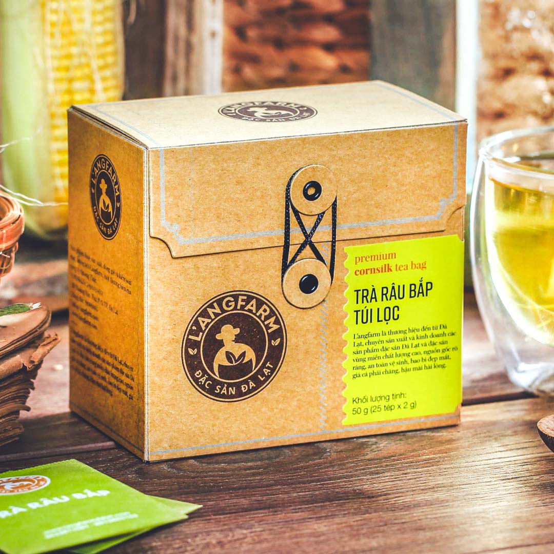 Trà râu bắp túi lọc Langfarm 25 tép hộp mẫu quấn dây kraft