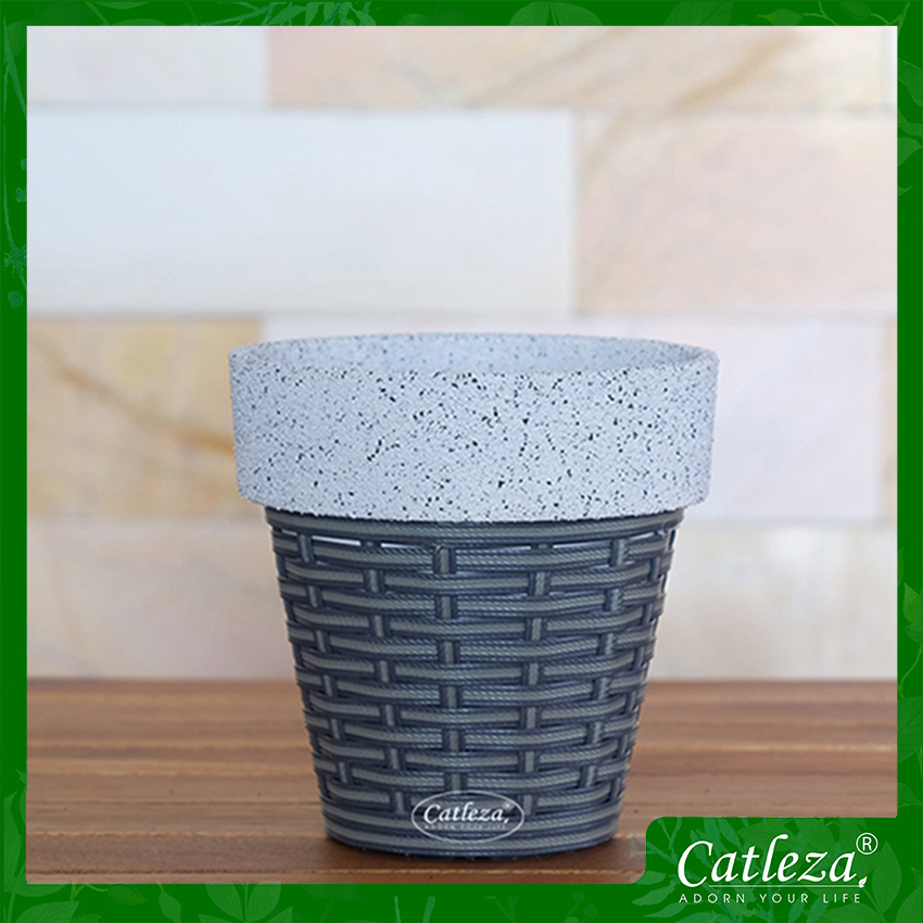 Chậu Nhựa Trồng Cây Thông Minh CATLEZA Sơn Cát Trắng Đan Tròn 14x14x14 cm
