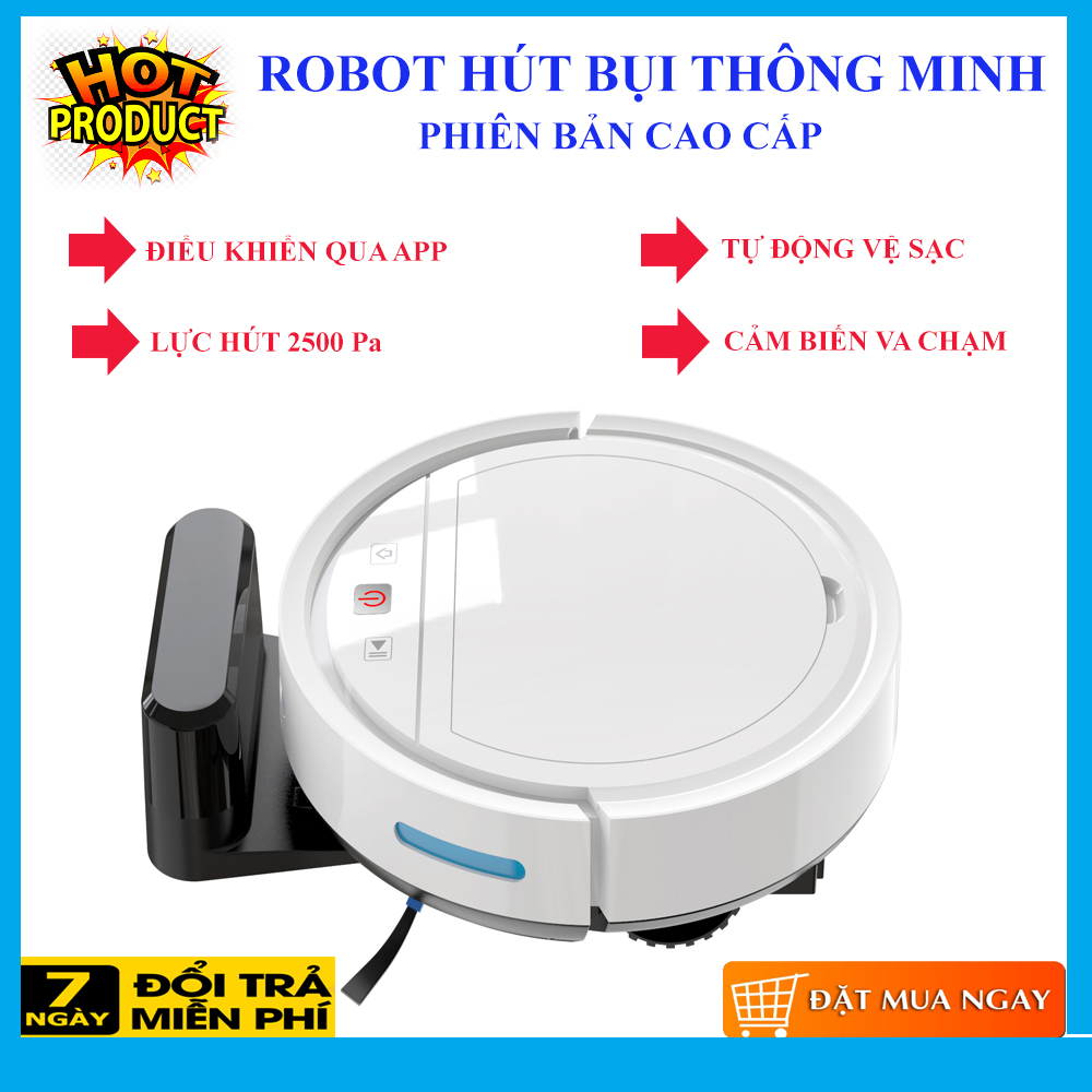 Robot hút bụi, robot lau nha, robot quét nhà, điều khiển qua app, tự động về sạc, lực hút mạnh mẽ 2500mah, 3 mắt thần chống rơi, chạy theo lập trình, lỗi 1 đổi 1