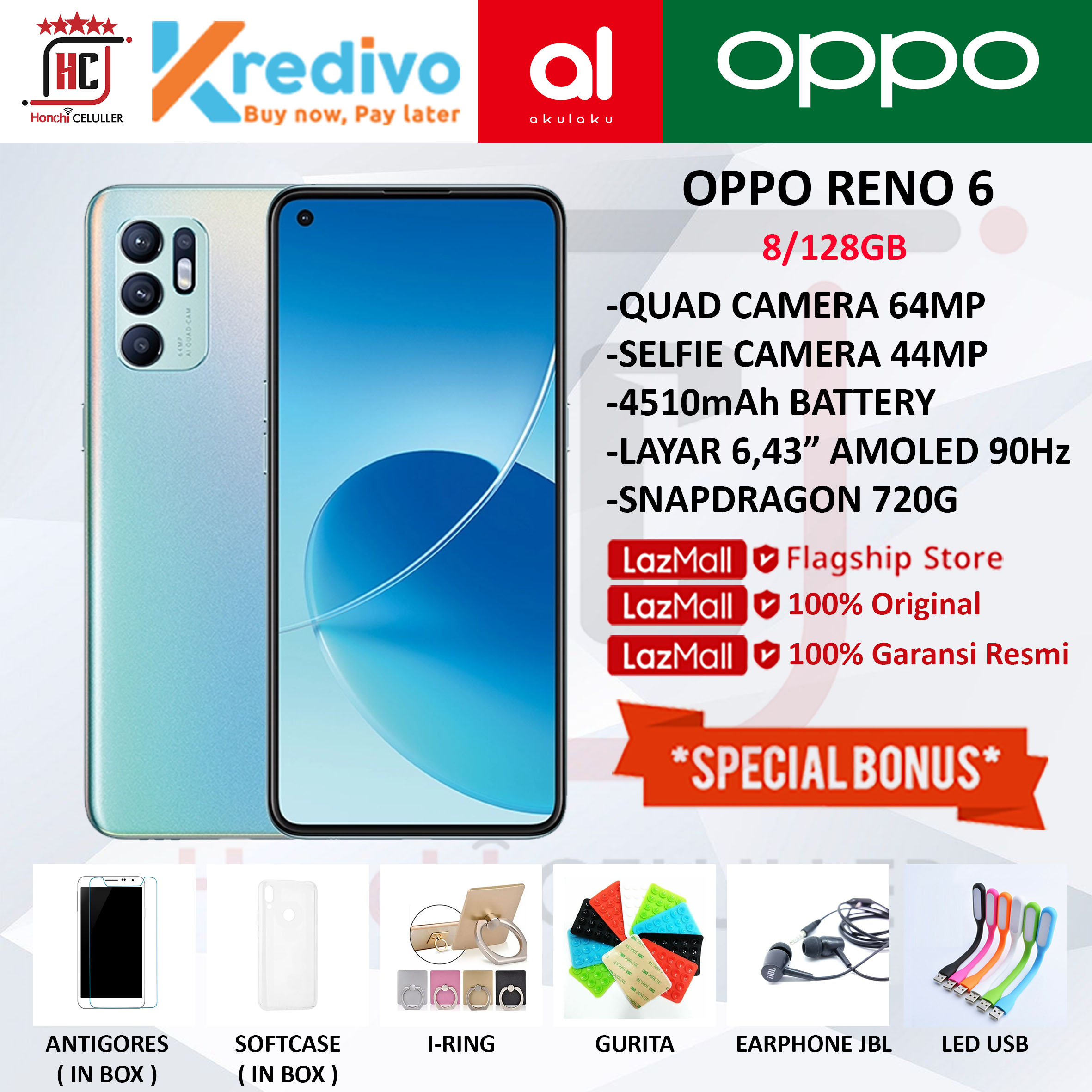 OPPO RENO 6 8/128GB RAM 8GB ROM 128GB GARANSI RESMI OPPO INDONESIA Harga 3,799,000 rupiah*Gratis Ongkir