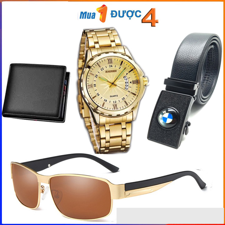 Combo 4 sản phẩm Đồng hồ nam lịch lãm, tặng ví da, kinh mắt chống tia cực tím và dây thắt lưng nam