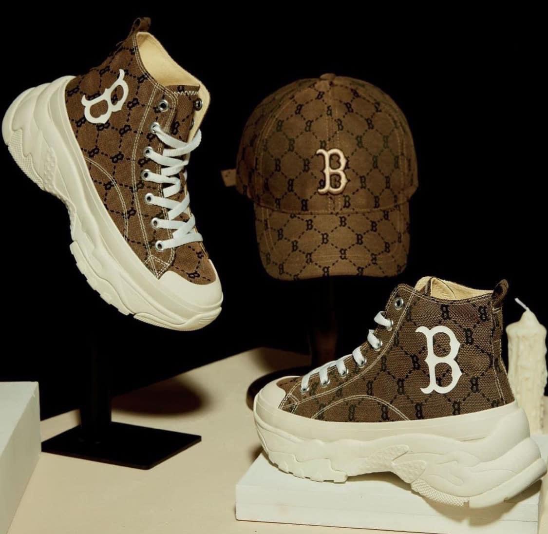Giày sneaker thể thao nam nữ m.l.b chunky high new york yankees chữ b màu nâu