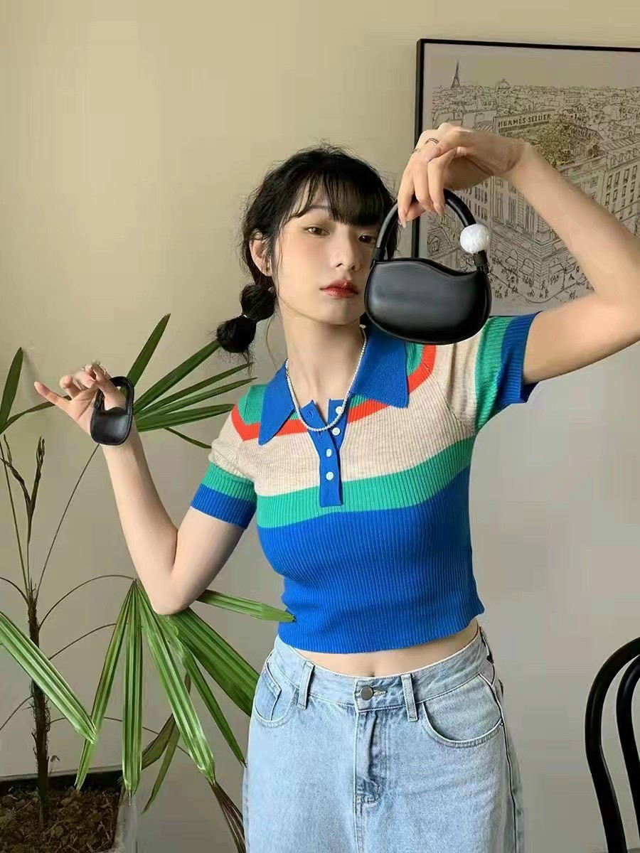 Aó len nữ siêu hót,áo len polo cổ bẻ kẻ sọc phối màu xinh xắn