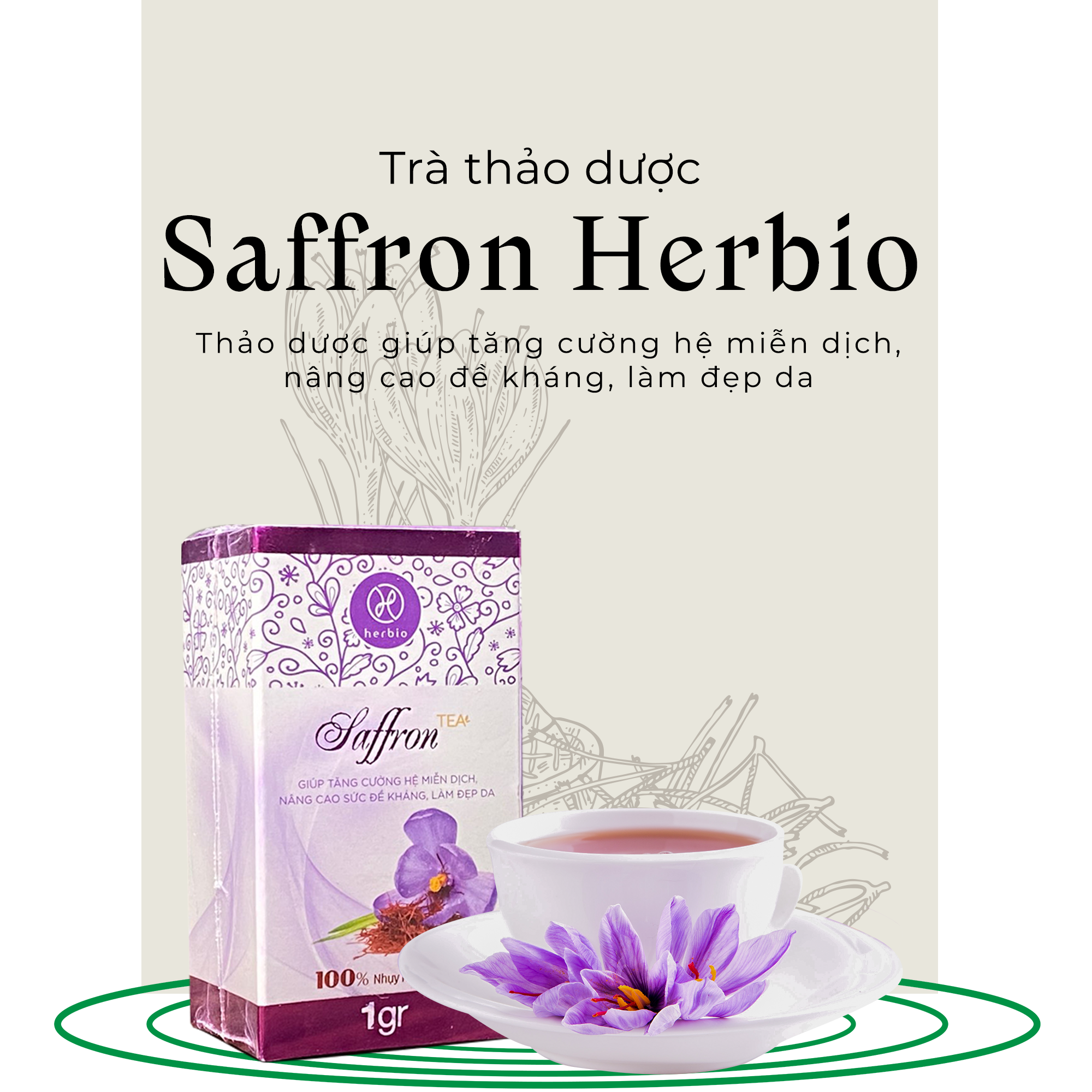 Trà Saffron Herbio nhụy hoa nghệ tây loại 1 Super Negin - giúp tăng cường hệ miễn dịch, nâng cao đề kháng, làm đẹp da (lọ 01 gram)