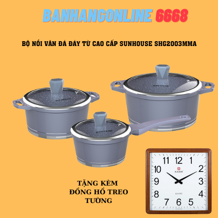 Bộ nồi vân đá đáy từ sunhouse shg2003mma cao cấp+ tặng đồng hồ treo tường thời trang