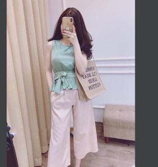 Set Bộ Quần Ống Rộng Phối Áo Thắt Nơ Siêu Dễ Thương. Qc